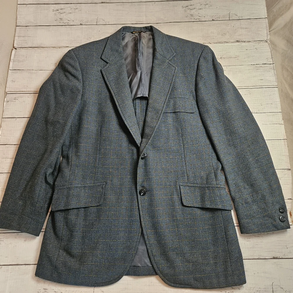 Vintage 90s Blue Wool Windowpane Blazer 40R Gano Downs‎ Avant Wool Academia